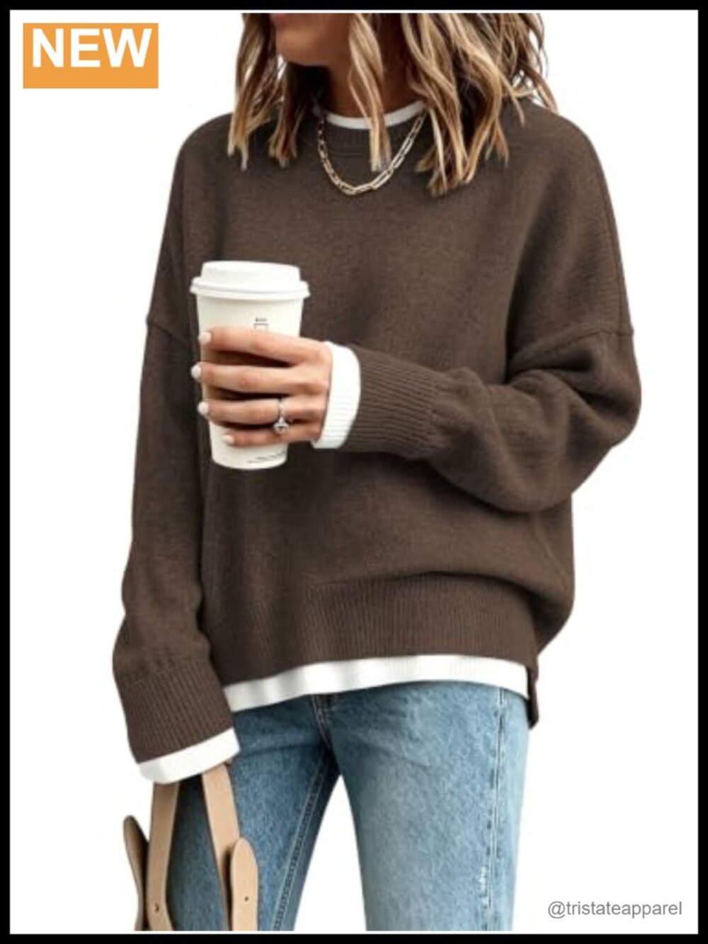 Women's Oversized Crewneck Sweater Batwing Sleeve Side Split Pearl Decor